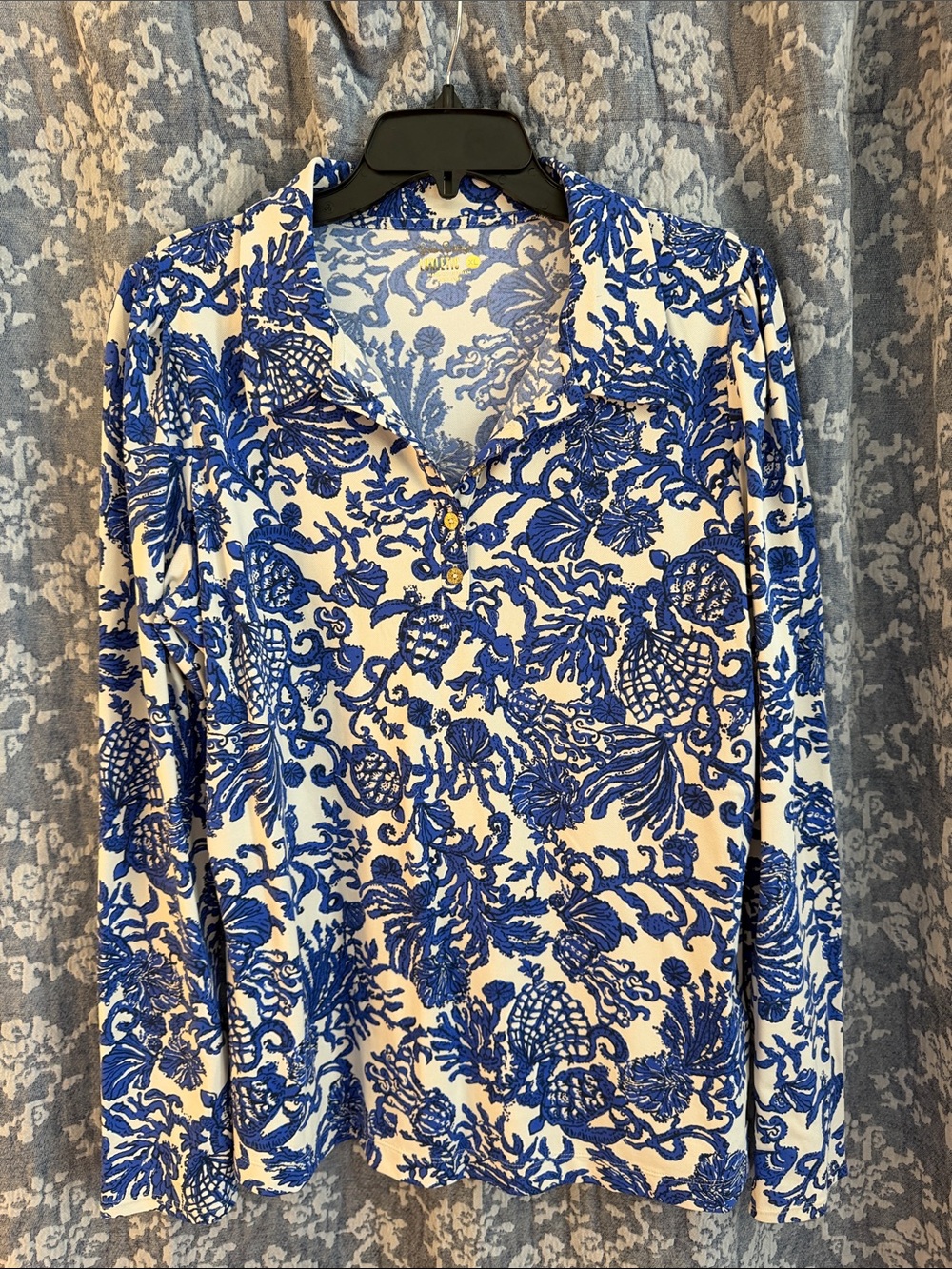 Blue & White Floral Print Long-Sleeve Women's Top